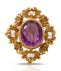 Trâm cài áo bằng vàng có đá amethyst và ngọc trai